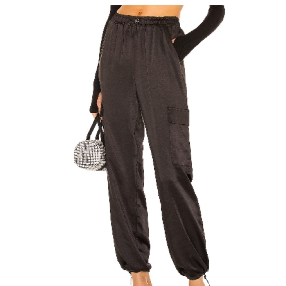 Superdown Rita Satin Cargo Jogger Pants in Black Size Medium